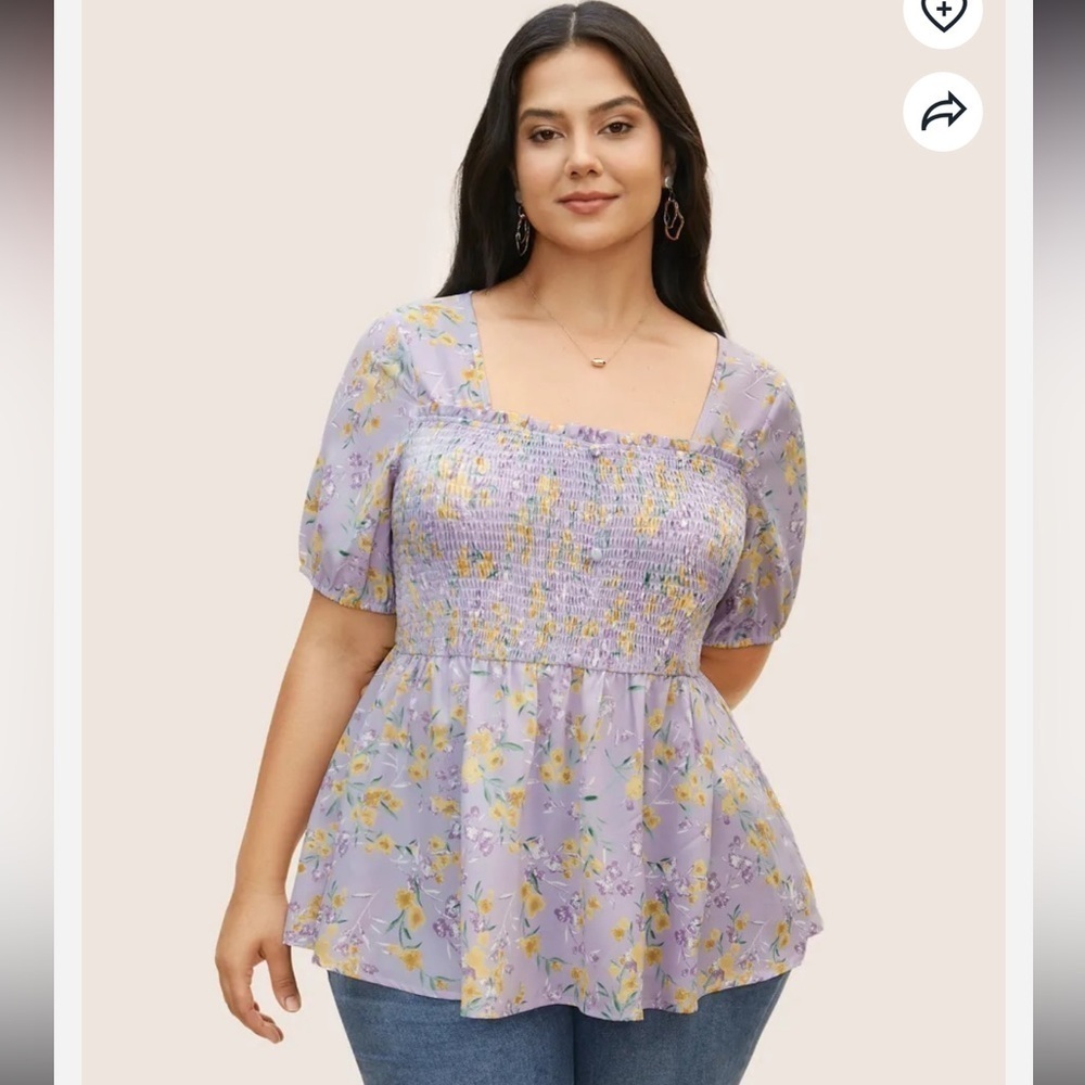 BloomChic Plus Size XL Floral Square Neck Shirred Frill Trim Blouse us14-16